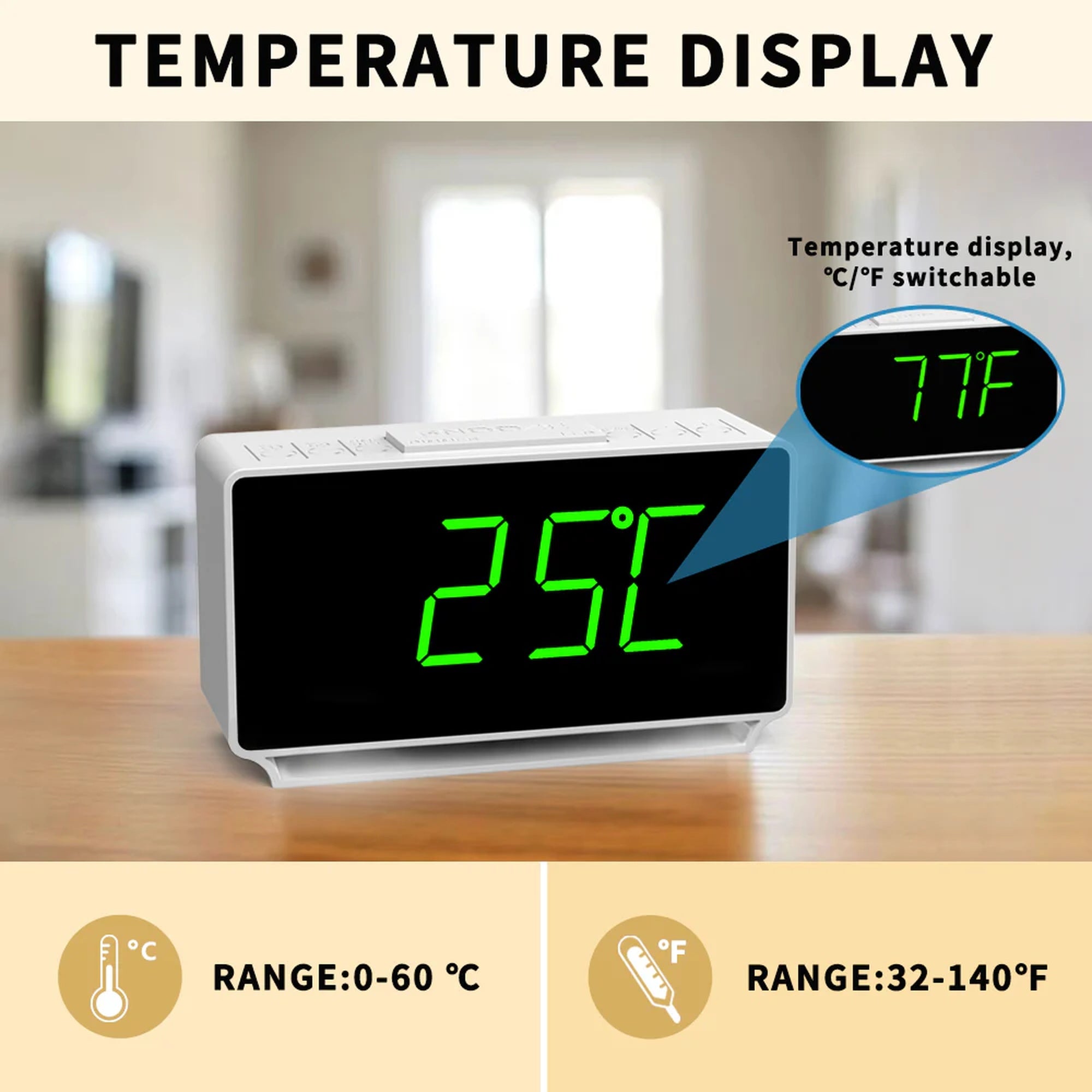 Digital Alarm Clock with Dual Alarms, 7-5-2 Mode, LED Display, USB & Battery Powered, Temperature Display (°C/°F), 4-Level Brightness & 2-Level Night Light Model 3301– White Digital Alarm Clock with Dual Alarms, 7-5-2 Mode, LED Display, USB & Battery Powered, Temperature Display (°C/°F), 4-Level Brightness & 2-Level Night Light Model 3301– White